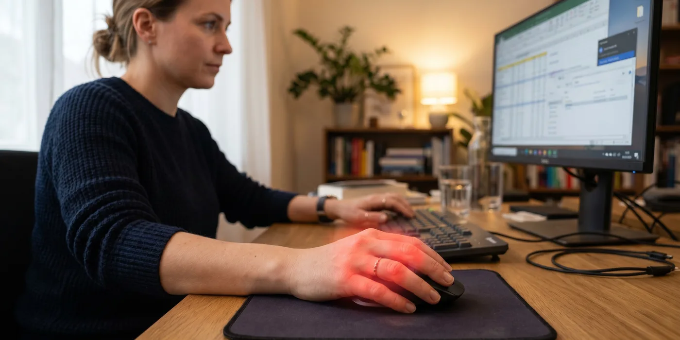 Personne au bureau, mains sur clavier en fin de journée