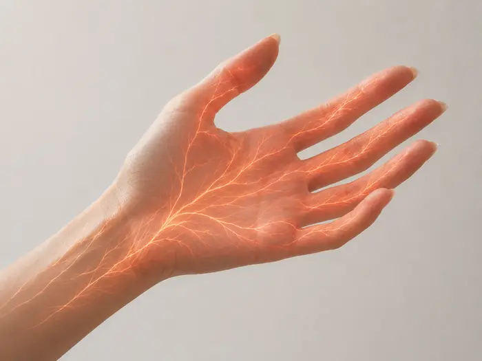Main aux vaisseaux sanguins lumineux illustrant la microcirculation activée