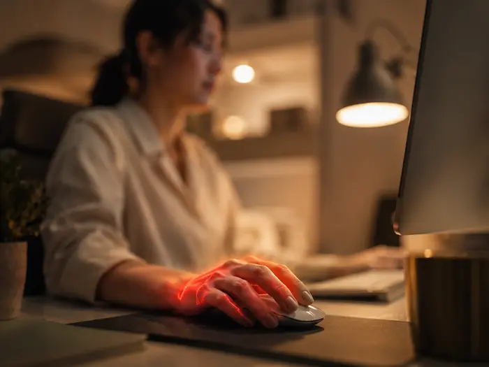 Personne au bureau, douleurs aux doigts visualisées par des lueurs rouges